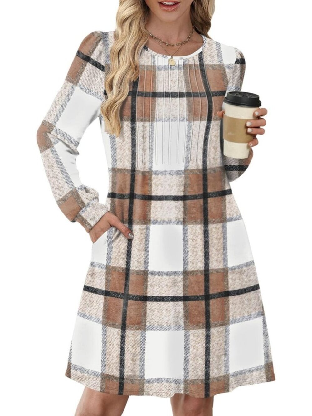Women's Biege Plaid Pleated Crew Neck Pockets Fall Baby Doll Sweater Mini Dress - Picture 2 of 5